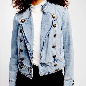 Free People Ferry Denim Jean Distressed Military Style Moto Jacket Size XS